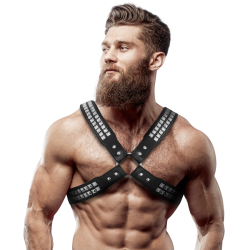 FETISH SUBMISSIVE ATTITUDE - HARNAIS EN CUIR ÉCOLOGIQUE POUR HOMMES  POITRINE CROISÉE AVEC RIVETS